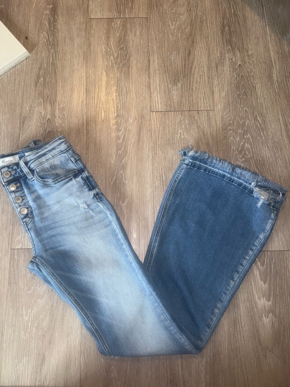 KanCan Two-Tone Light and Dark Blue Flare Jeans with Frayed Hem